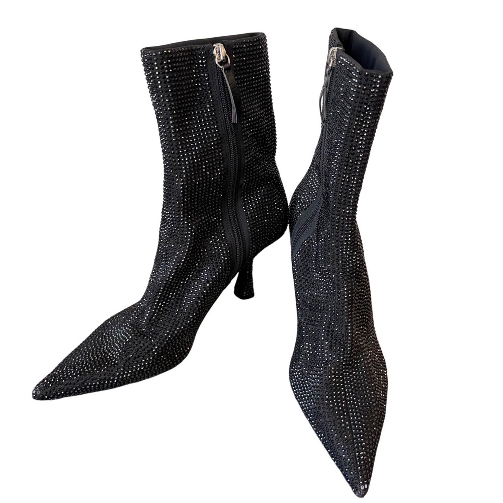 Zara Rhinestone Ankle Boots Womens 40 Black Excellent Pointed Toe Kitten Heel